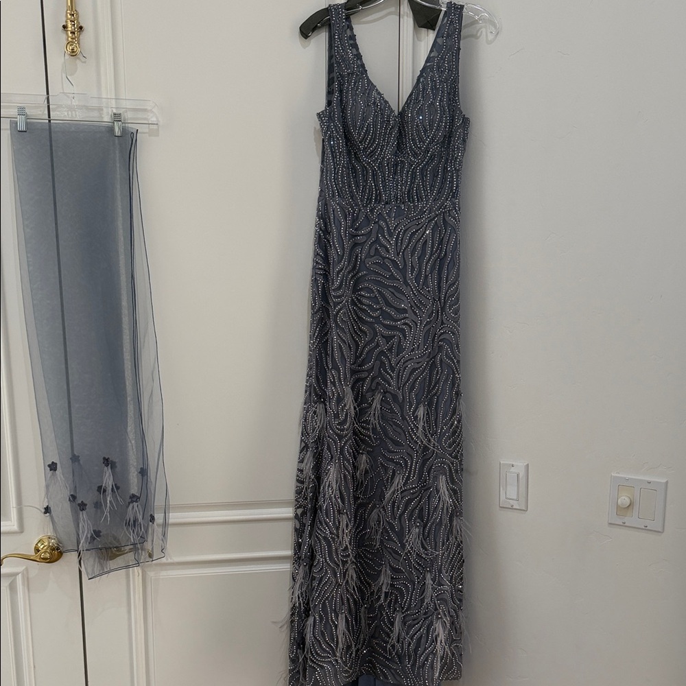 ✨ Elegant Beaded Evening Gown | Blue | Formal / Wedding Guest ✨ with sheer shawl